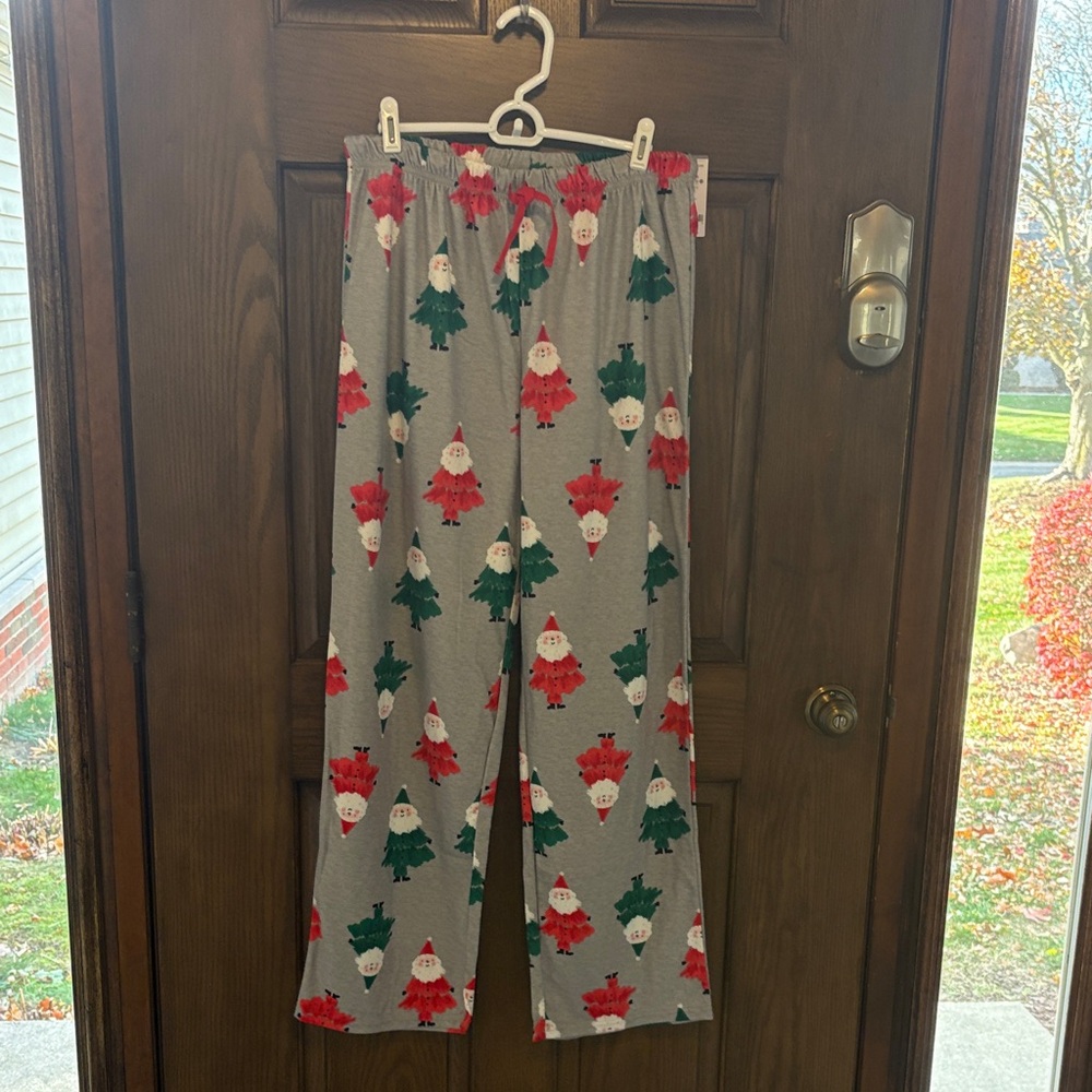 These pajama bottoms are made of polyester and are a size M.